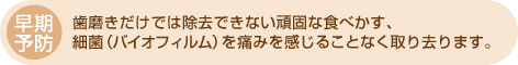 早期予防　歯磨きだけでは除去できない頑固な食べかす、細菌（バイオフィルム）を痛みを感じることなく取り去ります。