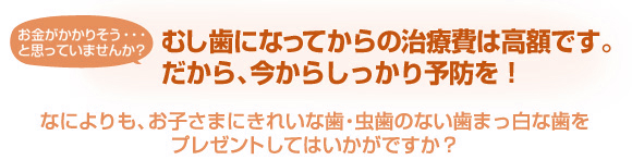 むし歯になってからの治療費は高額です。だから、今からしっかり予防を！なによりも、お子さまにきれいな歯・むし歯のない歯まっ白な歯をプレゼントしてはいかがですか？